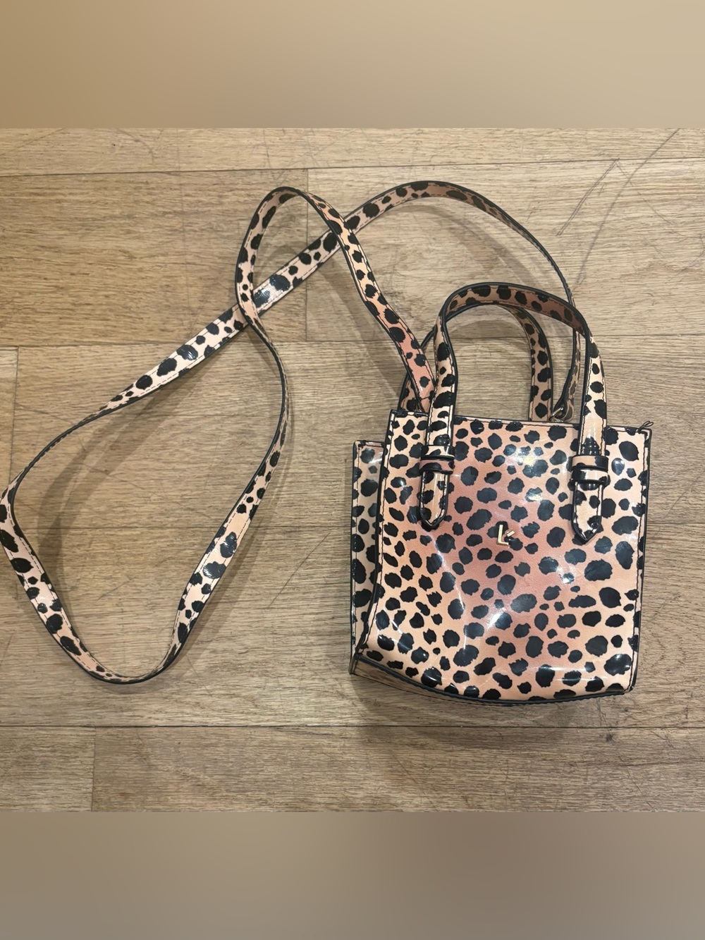 Larroude Leopard Print Phoebe Mini Crossbody Bag in Tan and Black